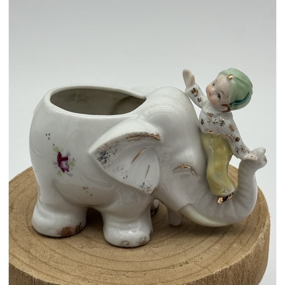 Vintage White Ceramic Circus Elephant planter 3” With Rider